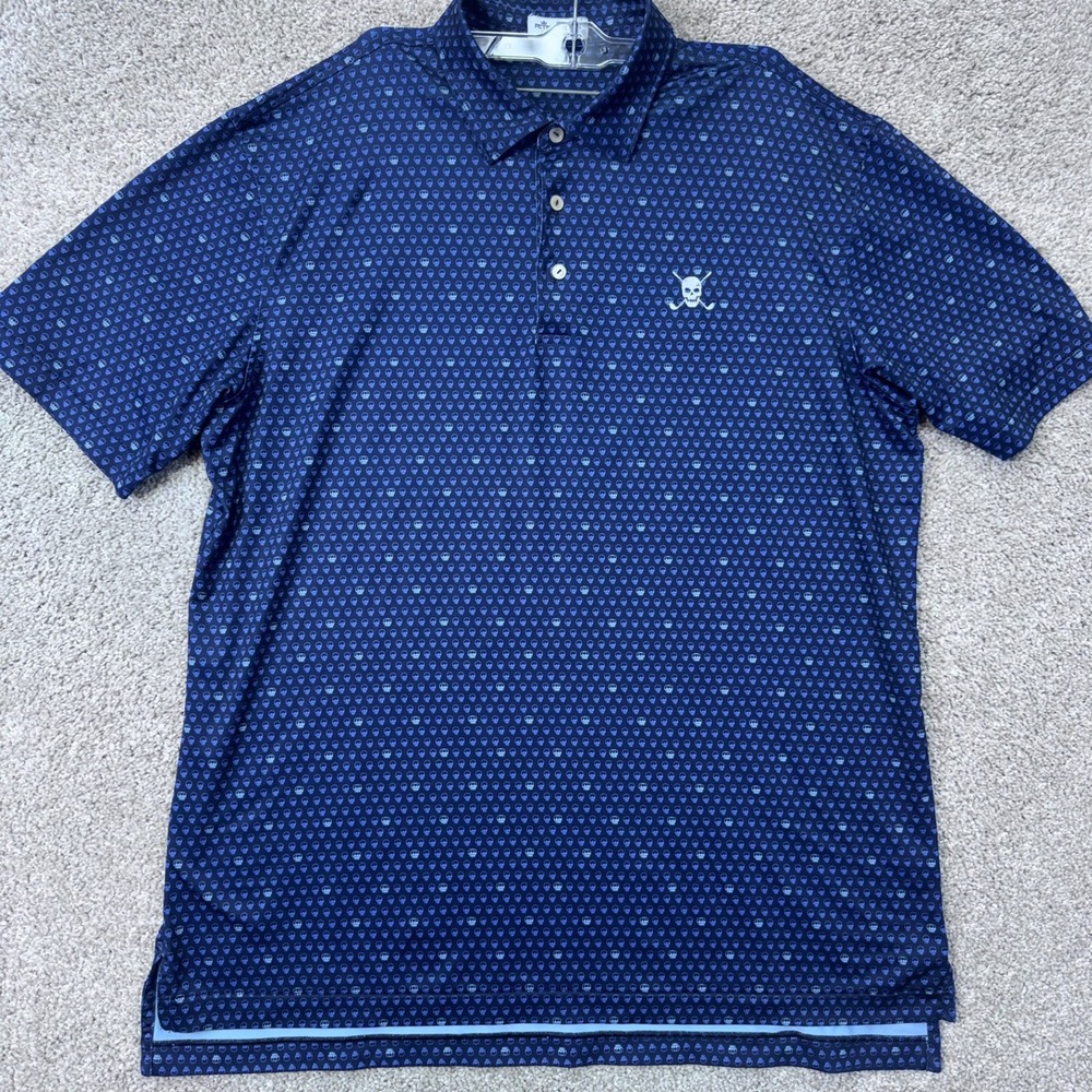 Peter Millar Polo Men L Summer Comfort Navy Blue Skull Print EUC